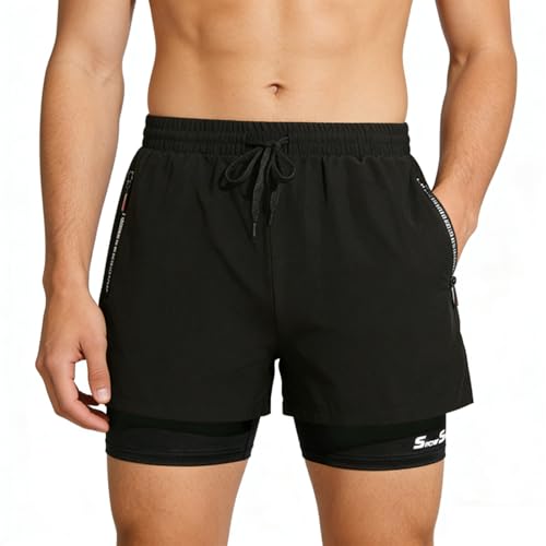 InfiniZer Mens Swim Shorts with Lining 2-in-1 Quick Dry Swimming Shorts Men with Compression Liner & Zipper Pockets (UK Alpha M Regular Regular Black)
