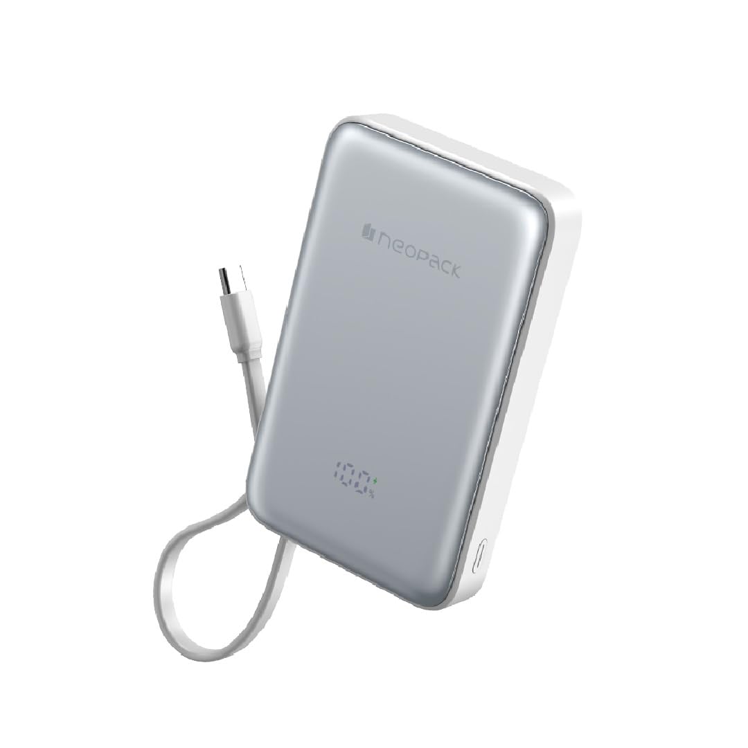 Neopack Powerlink 15W Magsafe, 10000 mAH Magnetic Wireless Power Bank with Digital Display for iPhone 12/13/14/15/16/17 Series and 20W Fast Charging for USB-C Enabld Devices (Silver)