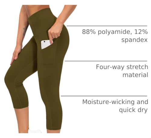 Image of THE GYM PEOPLE Thick High Waist Capris Yoga Pants with Pockets, Tummy Control Workout Running Yoga Leggings for Women
