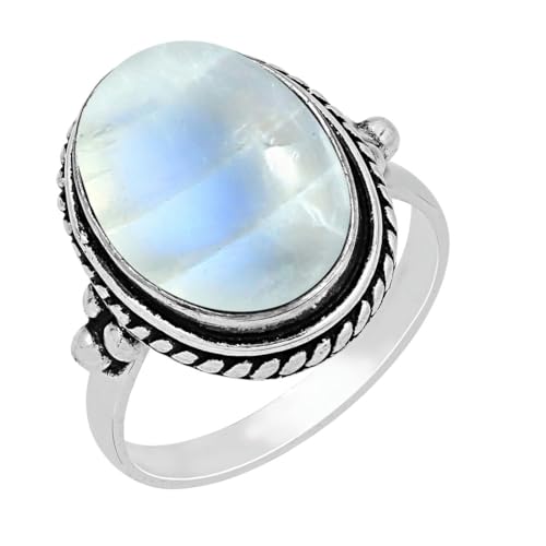 Moonstone Sterling Silver Plated Ring Size 8 For Women, Handmade White Stone June Bohemian Southwest...