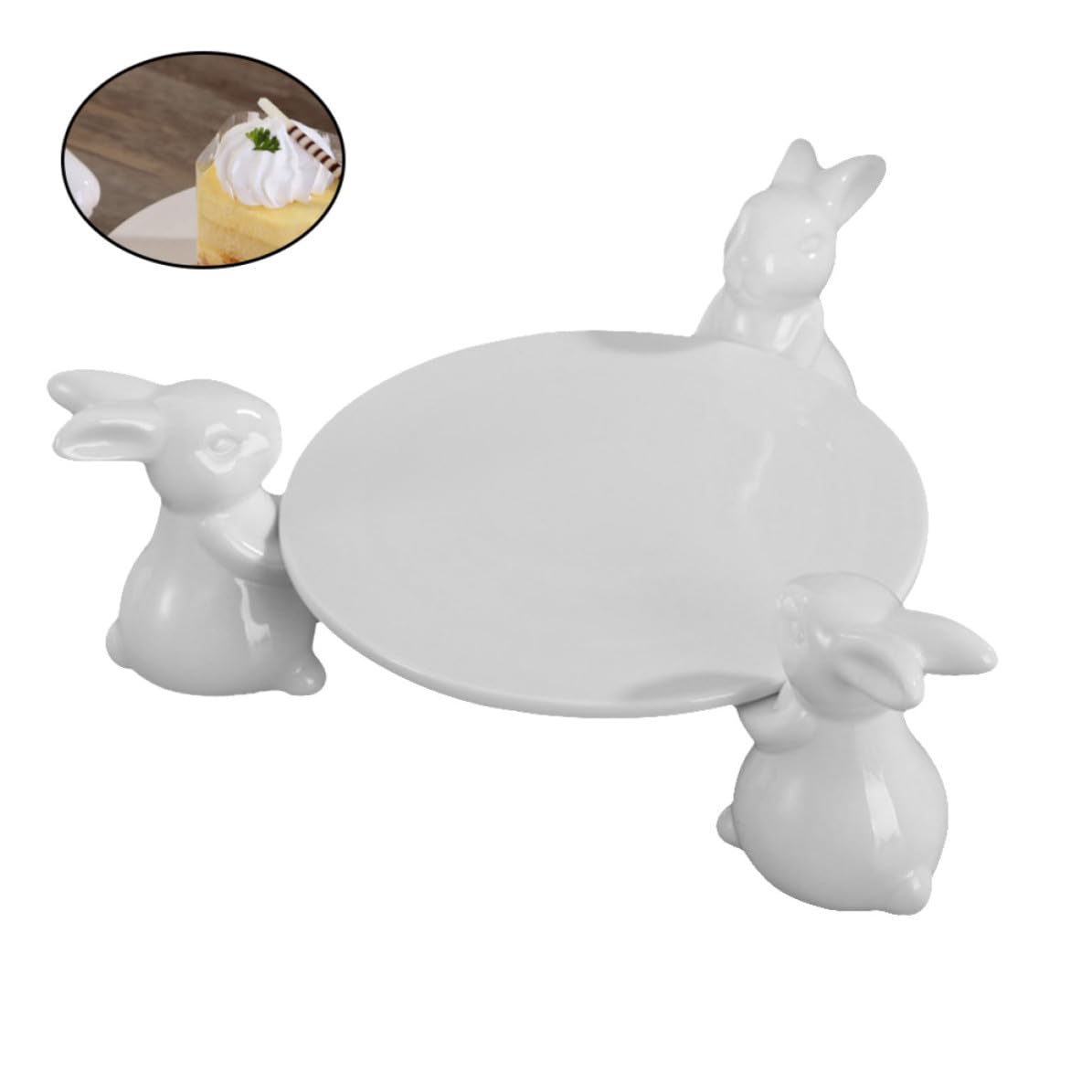 Soporte para Tartas de Cerámica Blanco Diseño de Tres Conejos, Bandeja Redonda para Mostrar Dulces y Chocolates en Bautizos y Navidad