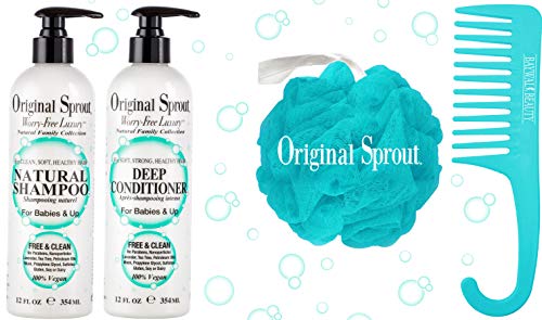Original Sprout Natural Shampoo & Deep Conditioner 12oz Set For Babies & Up 100% Vegan Includes FREE Shower Pouf & Comb