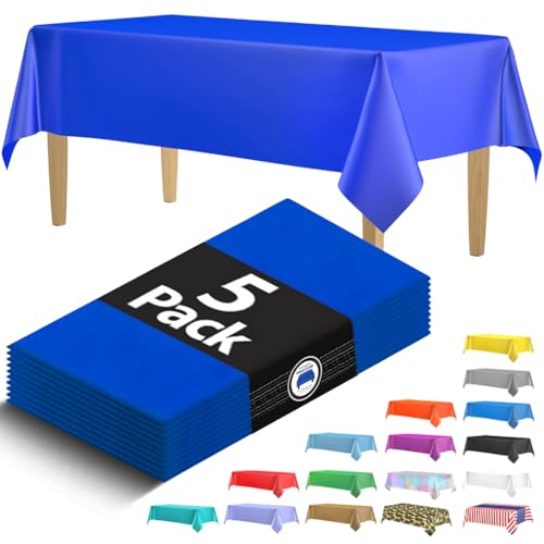 5 Pack Premium Blue Plastic Tablecloth - 108 x 54 in. Disposable Rectangle Plastic Table Cloth - Decorative Rectangle Table Cover Smooth Tablecloth - Disposable Tablecloths For Parties, Weddings.