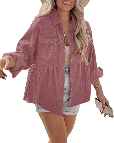Womens Corduroy Peplum Shacket Jacket Long Sleeve Button Down Babydoll Shirts Oversized Casual Blouses Tops
