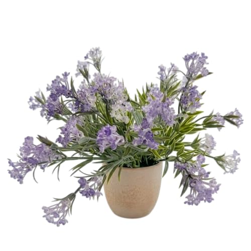 Image of Garden Art Artificial Lavender Flower Bush in Decorative Pot - Realistic Faux Plant for Home & Office Tabletop Decor (P-0155Purple)