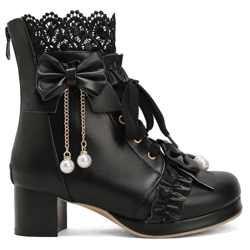 LUXMAX Women Lace Up Ankle Boots with Bow Kawaii Shoes Chunky Mid Heel Japanese Cosplay Shoes Platform Cute Lolita Boots2