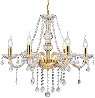 Am - Light Crystal 6 arms Vintage Chandelier Lights Ceiling Light, Clear K9 Crystal with Crystal Droplets, Gold Finish Classic Lighting for Living Room, Dining Area and Stairwell (Champagne Gold)