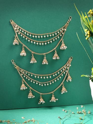 Image of Sukkhi Classical Traditional 18k Gold Plated with Brass Metal & Pearls Studded Jhumka /Jhumki Multi Layer Ear Kan Chain Earring Jewellery for Women & Girls|Bahubali Inspired Long Chain