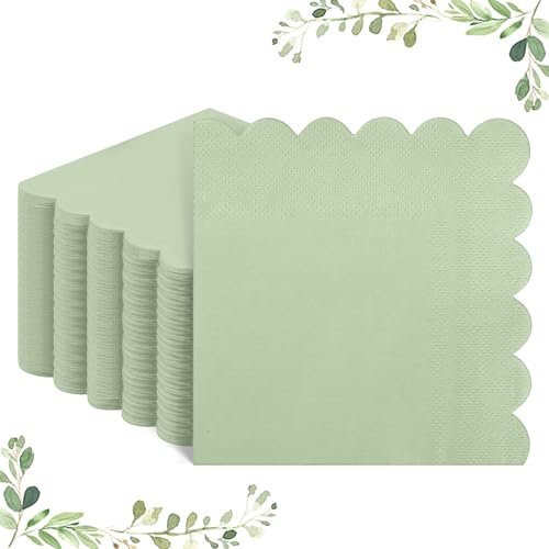 Vivantia Sage Green Napkins 120 Pack Scalloped Cocktail Napkins Green Serviettes Paper Birthday Napkins for Wedding Baby Shower Kitchen Decor 5 x 5 Inch