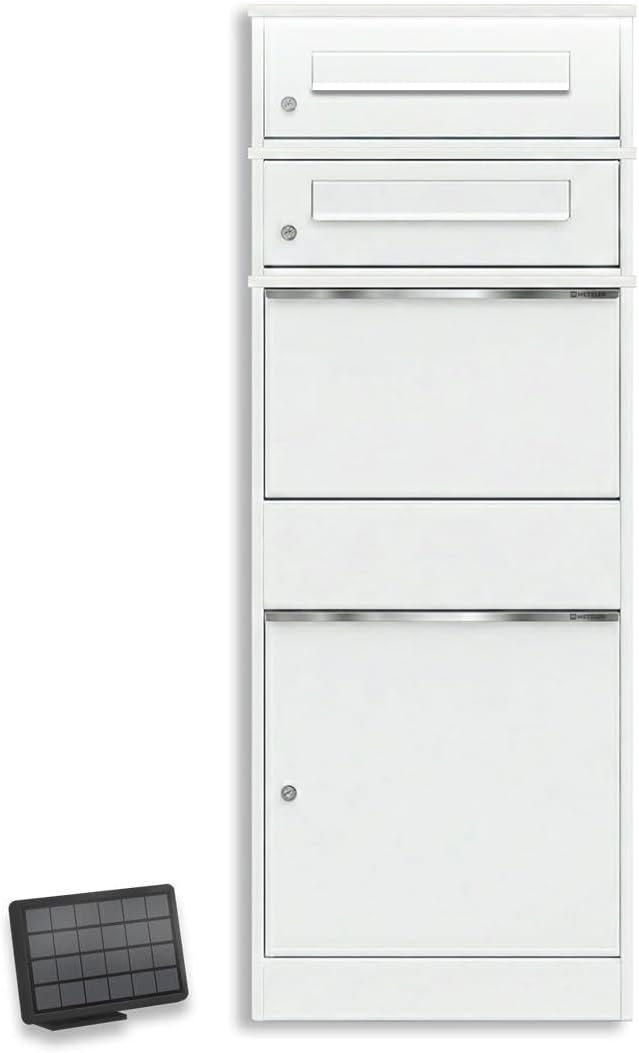 Parcel Box with LED Solar Lighting and Two Letter Boxes, Lockable and Weatherproof in White, Without Engraving, Freestanding Made of Powder-Coated Steel, for Contactless Delivery Outdoors