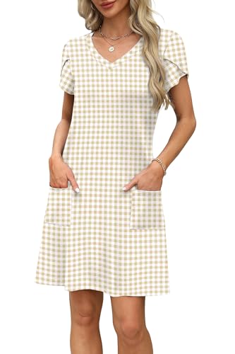 Image of OFEEFAN Womens Summer Dresses 2026 Tulip Petal Short Sleeve V Neck Loose Swing Sundresses with Pockets Plain /Print