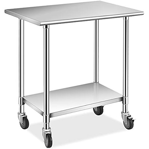 Giantex Stainless Steel Work Table Kitchen Table with Wheels, Height Adjustable Shelf, Holds up to 150 kg, Two Levels for Kitchen Restaurant Warehouse (91.5 x 61 x 88.5 cm) Cover