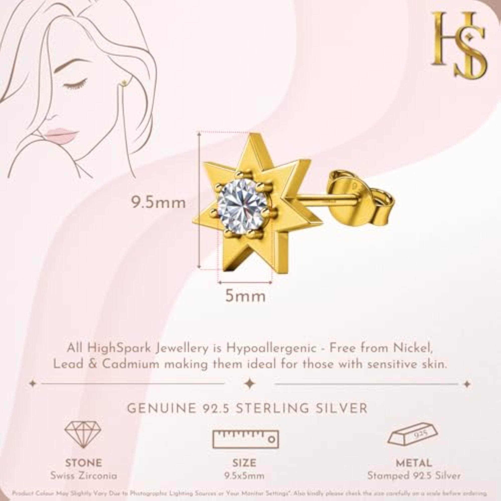 Women's 925 Silver Star Solitaire Earrings in 18K Gold Finish