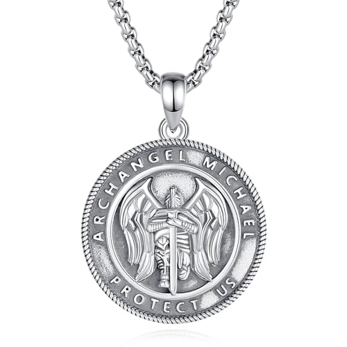 INFUSEU St Michael Pendant for Men Saint Michael the Archangel Necklace Sterling Silver 925 Medal Espada De San Miguel Arcangel Catholic Gifts Christian Jewelry Religious Sword Guard Knight Coin