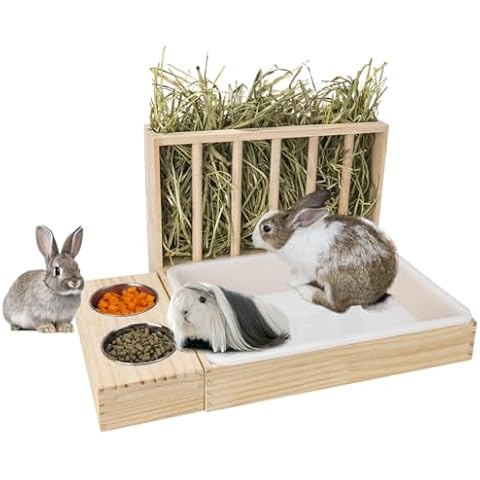 BESNEW 3 in 1 Rabbit Hay Feeder with Litter Box,Wooden Hay Feeder with 2 Bowls & Litter Box for Guinea Pig Chinchilla Bunny Other Small Animals,Large Capacity & Preventing Waste Cover