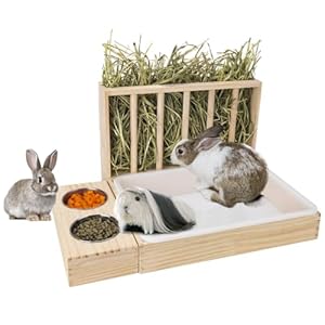 3 in 1 Rabbit Hay Feeder with Litter Box,Wooden Hay Feeder with 2 Bowls & Litter Box for Guinea Pig Chinchilla Bunny Other Small Animals,Large Capacity & Preventing Waste