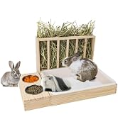 BESNEW 3 in 1 Rabbit Hay Feeder with Litter Box,Wooden Hay Feeder with 2 Bowls &amp; Litter Box for G...