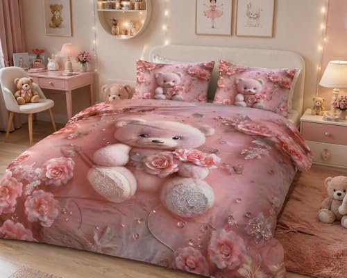 Image of Teddy 7D Printed Bedsheet for Double Bed | Glace Cotton 7D Digital Print | 90x100 Inch (228x254 cm) | 1 Bedsheet + 2 Pillow Covers | Soft, Breathable & Vibrant Colour Bedding Set