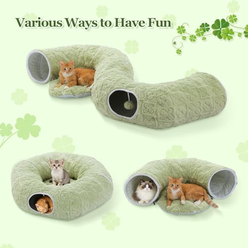 Image of PEQULTI Cat Tunnel with Bed for Indoor Cats, Cat Play Donut Tunnel with Washable Soft Plush Mat, Round Tube Toys Cute Tube for Kittens, Puppies, Rabbits and Ferrets, Green