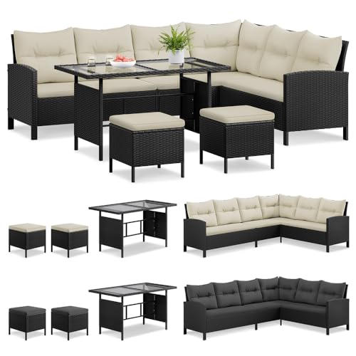 Yaheetech Polyrattan Lounge inkl. Ecksofa, Esstisch, 2 Hocker & Kissen bis 7 Personen, Wetterfest Gartenmöbel Set Rattan Sitzgruppe Gartenlounge Essgruppe für Garten Balkon Terrasse, Schwarz & Beige