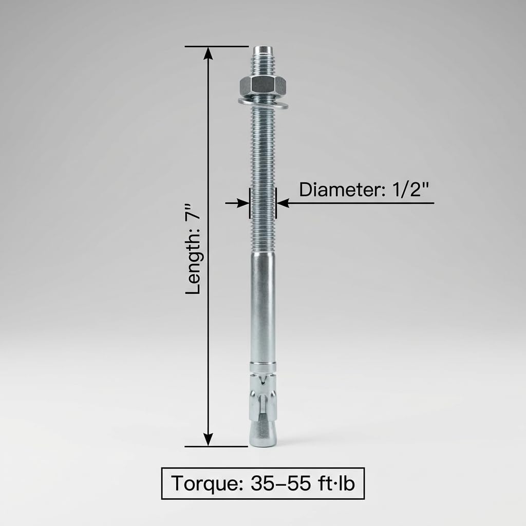 QWORK Concrete Wedge Anchors 1/2" x 7", 25 Pcs Solid Concrete Expansion Bolts for Machinery, Railing & Bracket Installation