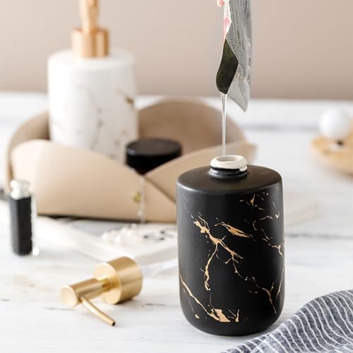 Image of Ceramic Soap Dispenser (Luxe Black) - 400ml Refillable Lotion Shampoo Bottle Matte Black & Gold Marbling Elegant Bathroom & Kitchen Counter Accessory Premium Pump Bottle