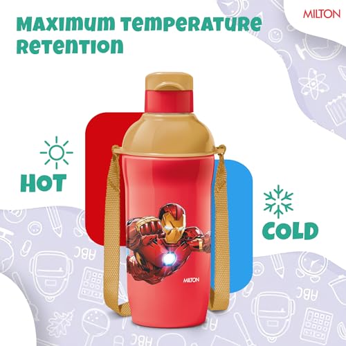 Image of Milton Marvel Steel Slim 400 Insulated Inner Steel Water Bottle for School Kids I Leak Proof Flip Top Lid, Easy to Carry Loop, Insulated Thermo Sipper Bottle for Kids, 390 ml, Red (Iron Man Print)