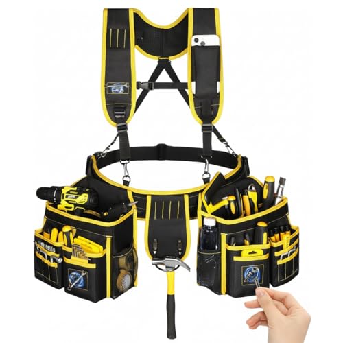 Qmioti Tool Belts for Men, Tool Belt Suspenders, Heavy Duty Tool Belts with 28 Pockets, Magnetic Tool Belt with Suspenders for Carpenters Electricians Framers, 32''-66'' Adjustable Waist