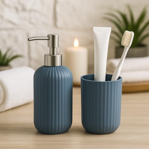 Image of LAGET Bathroom Accessories Set for Utility and Toothbrush Holder Bathroom Decor | Handwash Liquid Soap Dispenser Pump for Bathroom, Kitchen, Wash Basin, Sink Ribbed Design (Metallic Blue)