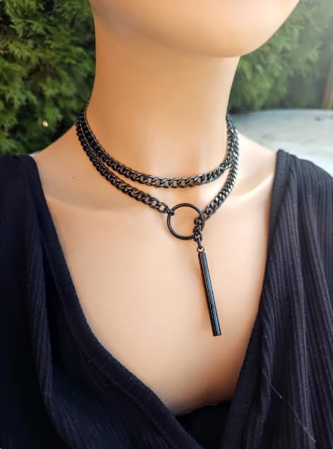 Black Stain Steel Lariat Y Necklaces Wrap Choker Necklace Punk Gothic Bar Pendant Cuban Link O Ring Long Black Necklaces Adjustable Slip Chain Necklace Halloween Jewelry Gift for women - Image 3