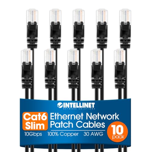 Image of Intellinet Cat6 Slim UTP Ethernet Patch Cable 10-Pack, 3 ft, Black | 10G 250 MHz pure copper thin cord with 30 AWG stranded wire, gold contacts, snag-free boot, PoE and rack use, resealable bag