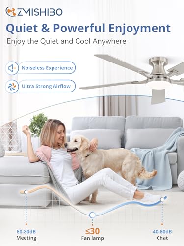 Image of ZMISHIBO 52 Inch Ceiling Fan with Light, App&Remote Control, Flush Mount Low Profile, Dimmable 20W LED Light, Quiet Reversible Motor for Bedroom, Living Room, Apartment, Nickel