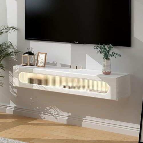 Genérico Consola Multimedia Flotante para TV, Estante de Pared de Madera con Puerta abatible, Mueble de TV Moderno con LED, Base Hueca para Sala de Estar (Blanco, 180 x 23 x 20,4 cm)
