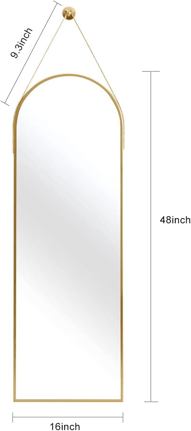 TinyTimes 16"x48" Hanging Mirror with Leather Strap,Arched Full Length Mirror with Aluminum Frame Wall-Mounted Hanging Mirrors for Bathroom Vanity Living Room Bedroom Entryway Décor, Gold
