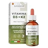 Bandini® Vitamina D3 + K2 en Gotas y en Aceite de Oliva Virgen Extra EVO, Vitamines D3 Colecalciferol + Vit K2 MK-7 Menaquinona 99,7% 100 mcg por Gota, con práctico Gotero, Vitamina D y K Liquida
