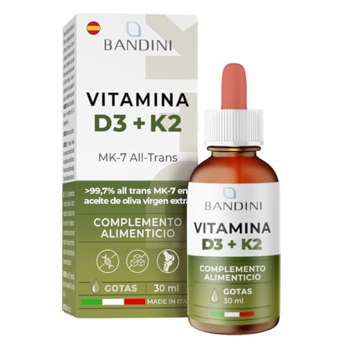 Bandini® Vitamina D3 + K2 en Gotas y en Aceite de Oliva Virgen Extra EVO, Vitamines D3 Colecalciferol + Vit K2 MK-7 Menaquinona 99,7% 100 mcg por Gota, con práctico Gotero, Vitamina D y K Liquida