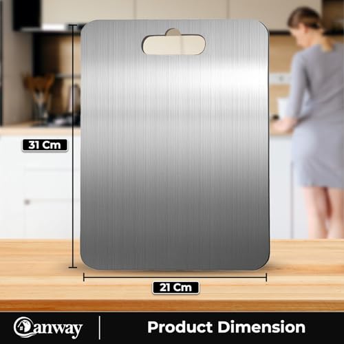Image of CANWAY Stainless Steel Chopping Board 31x21 cm with Handle|Anti-Slip Cutting Board for Kitchen|Hygienic & Easy Clean|Ideal for Vegetables, Fruits & Meat|Heavy-Duty Non Slip Chopper|Medium Large