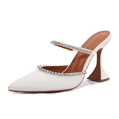 Vertundy Women's Mule Heels Rhinestones Strappy Stiletto Slide Pumps Slip On Sexy High Heels Sandals Closed Pointed Toe Backless Dressy Wedding Party Summer Shoes