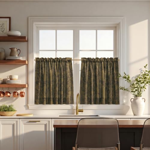 Image of TWOPAGES Rod Pocket Leaf Print Cafe Curtains, Bronze, 34W x 45L