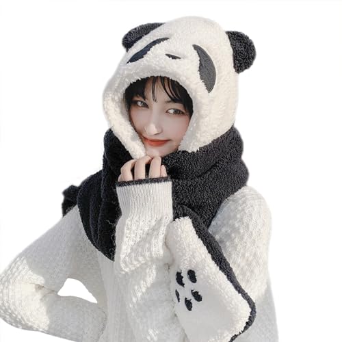 3 in 1 Panda Hat Scarf and Gloves for Women Girls Winter Warm Furry Hood with Hand Pocket Mittens Windproof Cycling Hat Gloves Neck Warmers Thick Plush Animal Cosplay Headwear2