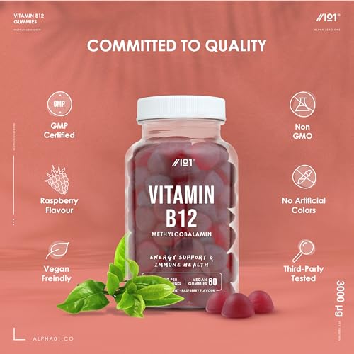 Vitamin B12 Gummies 1,500mcg (per Gummy) - High Strength Methylcobalamin Supplement - Raspberry Flavour - 60 Vegan Gummies by Alpha01 - Image 4