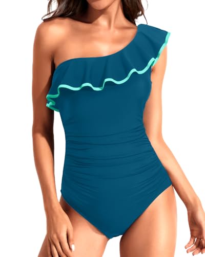 Image of Tempt Me Women One Piece Swimsuits Tummy Control One Shoulder Bathing Suits Ruffle Swimwear