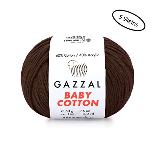 5 Skein (Pack) Total 8.8 Oz. Gazzal Baby Cotton Each 1.76 Oz (50G) / 150 Yrds (165M) Soft, Fine Baby Yarn, 60% Cotton, Brown - 3436 #TOP6