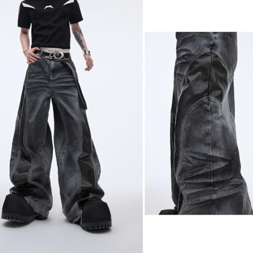 Mens Jeans Wide Leg Baggy Loose Fit Patchwork Trendy Y2K Grunge Going Out Denim Pants 6