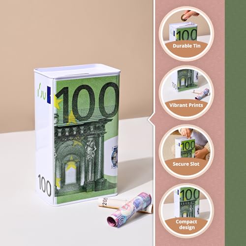 Image of Market99 Rectangular Money Bank | Green Tin Coin Bank with 100 Euro Note Print & Glossy Finish | Decorative Piggy Bank for Kids & Adults | Fun Savings Box for Home, Office Desk & Gifting Purpose