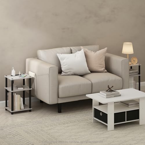 Image of Furinno Just 3-Tier Turn-N-Tube USB and Type-C Charging Port End Table with Open Storage, Marble White /Black, Set of 2