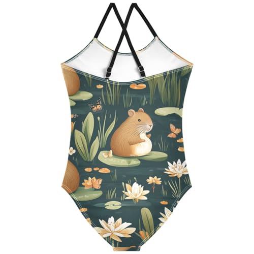 Pigsaly Girls One Piece Swimsuits Cute Butterfly Capybaras Lily Kids Cross Back Swimwear Toddler Beach Sport Bathing Suit 3T2