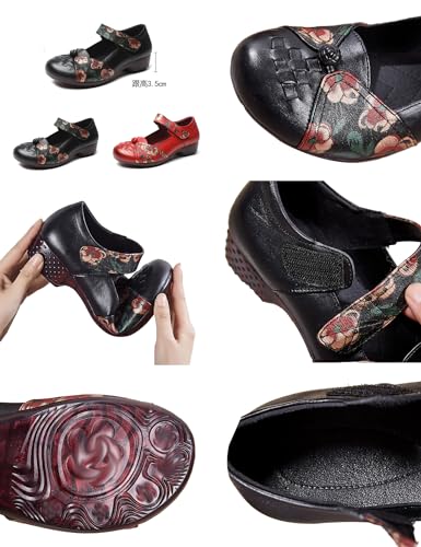 Women's Leather Mary Jane Dress Pumps,Comfort Vintage Print Woven Closed Toe Low Block Heels Soft Sole Casual Shoes2