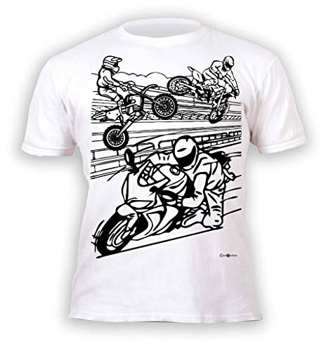 Splat Planet Colour-in Motorbikes T-Shirt with 10 Washable Magic Pens, Colour Your Own, Colour-in and Wash Out T-Shirt (UK