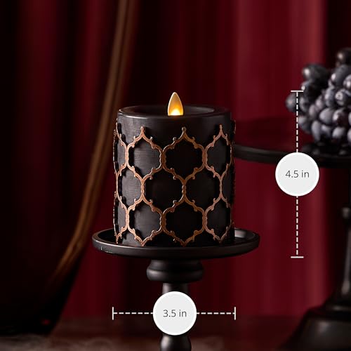 Image of Luminara Black Embossed Fretwork 3.5 inch x 4.5 inch Pillar, AA Battery Operated w /Timer Function, Flickering Flameless LED Light Real Wax Candle for Indoor Home Decoration, for Dining Room Table Centerpiece